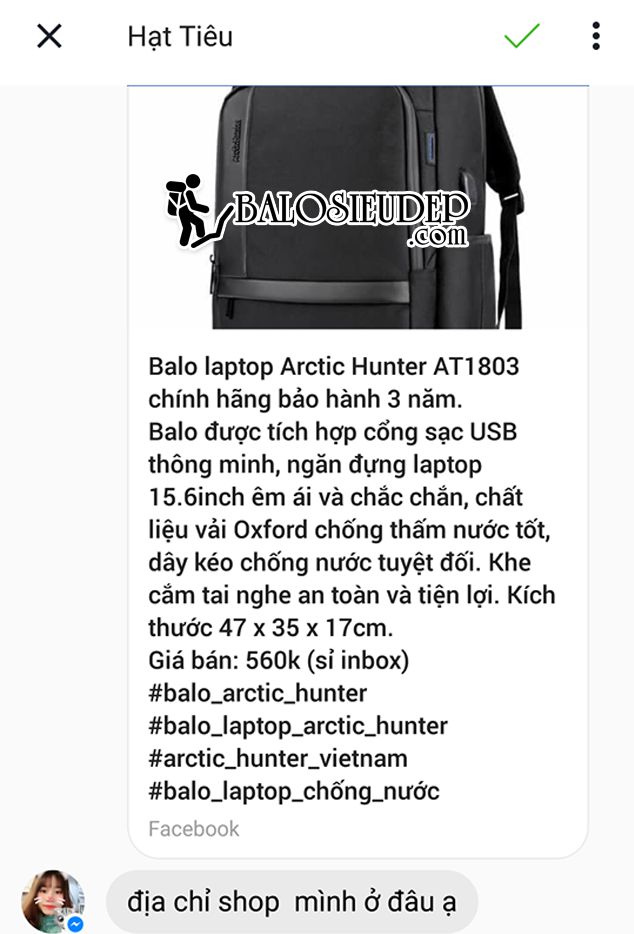khách phản hồi khia đặt mua balo laptop arctic hunter chính hãng